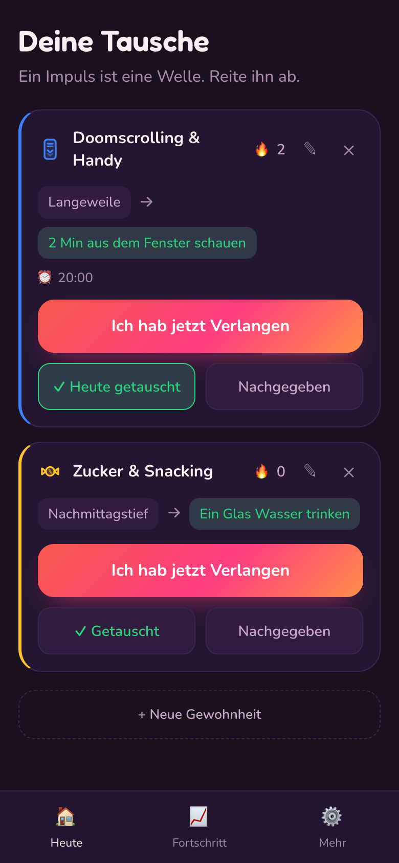 Swaply App – Home-Screen mit zwei aktiven Gewohnheiten
